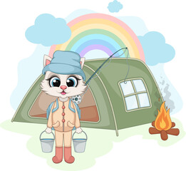 Camping Cat with Rainbow. Cute Color Illustration for Kids