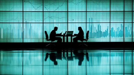 Silhouetted figures sit at a table in a modern office, working on laptops against a teal and white background. The scene is reflected on a polished floor.