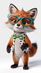 Cute anthropomorphic fox wearing glasses, polka dot vest, and green bow tie on white background