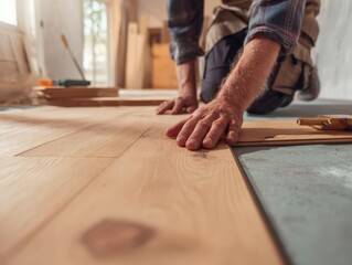 Close up A skilled craftsman is laying down a wooden floor on a new floor of a house