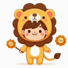 Obraz premium A digitally illustrated cartoon child dressed in a lion costume holding a decorative wand.