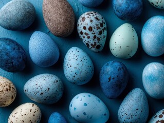 Easter background of eggs painted in blue color