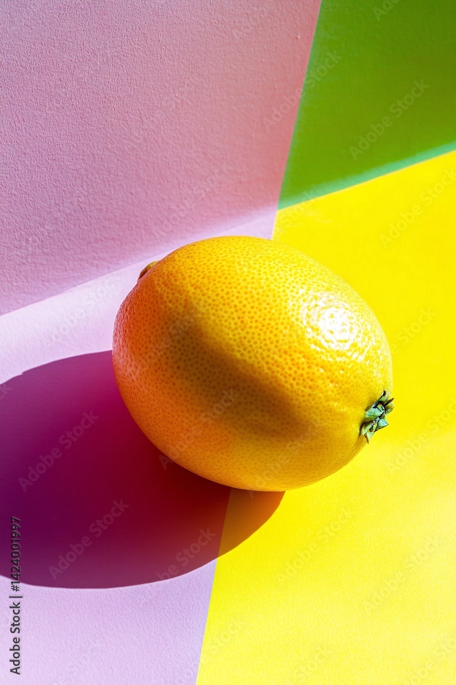 Aufkleber ripe yellow lemon is casting a shadow on a colorful background