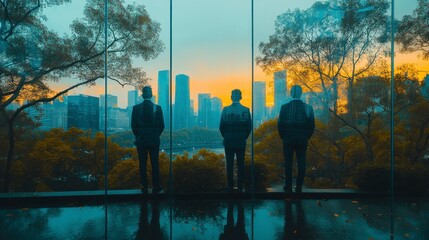 Fototapeta premium Three businessmen in suits stand silhouetted against a cityscape at sunset, viewed through a large window.