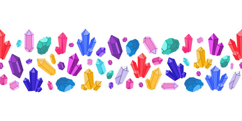 Colorful Crystal and Gemstone Seamless Border Vector illustration. Seamless border with colorful crystals and gemstones, various shapes . Vector design wrapping paper, stickers,backgrounds