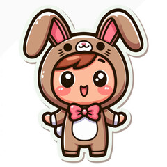 A joyful cartoon boy, wearing a brown bunny costume, with a wide smile and large eyes, suitable for children's decor or merchandise.