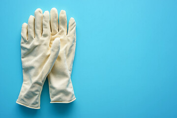 A pair of clean work gloves on a blue background, symbolizing labor, protection, and hard work for May Day, with a focus on safety and hands-on work.