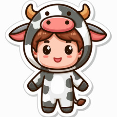 A cartoon child wearing a black and white cow costume, showcasing a cheerful expression.