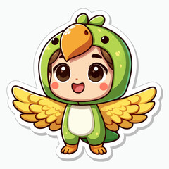 A cheerful young girl, stylized as a parrot, wearing a bright green and yellow costume.
