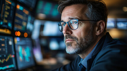 Fototapeta premium Focused Stock Trader Analyzing Financial Data on Multiple Screens