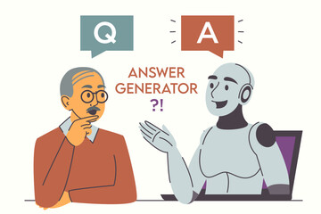Man asks question and robot answers vector isolated. Illustration of an elderly man having conversation with AI. Digital communication, futuristic technology. Chat with artificial intelligence.