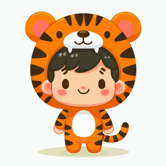A cheerful, cartoon boy wearing a vibrant orange tiger costume, perfect for a children's book or party theme.