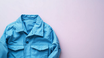 A close-up of a blue work jacket on a light purple background, representing labor, workwear, and professionalism for May Day celebrations.