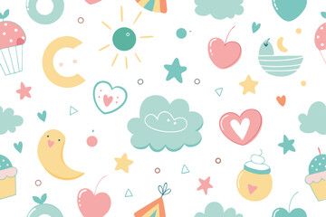 Fototapeta premium Cheerful Seamless Pattern with Clouds, Moon, Heart, Stars, Sun on White Background
