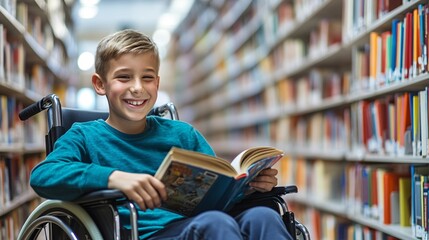 Joyful disabled child reads a comic book in the library, surrounded by vibrant bookshelves