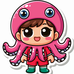 A cartoon girl character wearing a large pink octopus hat and red outfit.