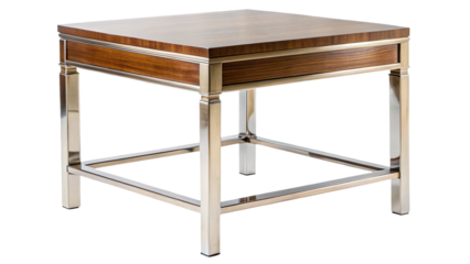 Sophisticated square end table with rich wood top and chrome frame detail