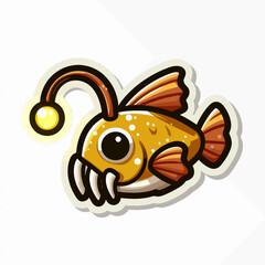 A cartoonish illustration of a yellow anglerfish with orange fins,  glowing light, and prominent teeth.