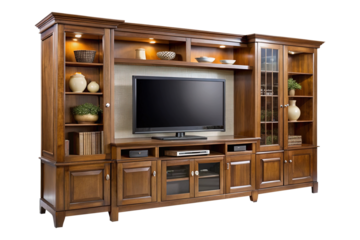 Elegant and classic brown wooden entertainment center with shelves and lights