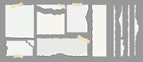 Set of realistic torn paper pieces with jagged edges and masking tape, perfect for scrapbooking, collage, mood boards, digital notes, social media templates, creative presentations.Vector illustration