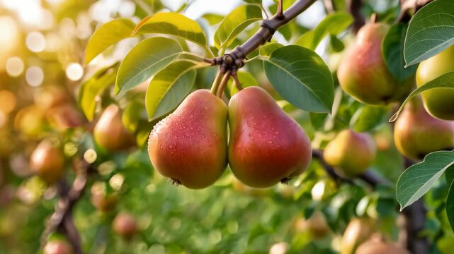 Vibrant pear harvest showcasing ripe fruit in a sunlit orchard during late summer.
