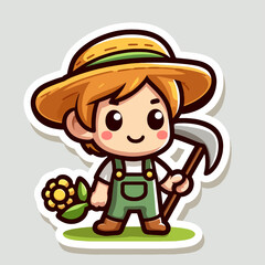 A cheerful cartoon farmer, dressed in overalls and a straw hat, carrying a flower and a sickle, positioned on a grassy background.