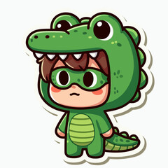 A chibi-style cartoon boy wearing a vibrant green crocodile costume, conveying a calm or slightly disappointed expression.
