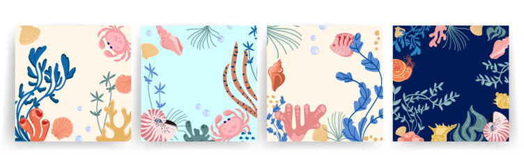 Sea style cards backgrounds set with space for text. Decorative Ocean Borders with Marine Life. Underwater creatures, crabs, fish, seaweed and corals, frames. Marine, nautical background. Vector