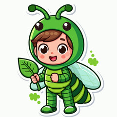 A cheerful cartoon boy dressed in a green grasshopper costume, holding a leaf.