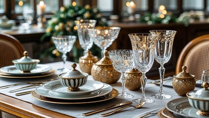 Fototapeta premium Sculpted ceramics and glimmering glassware elegance on the table