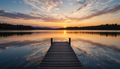 Serene Sunset Over Calm Waters at a Tranquil Dock