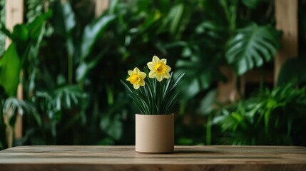 A stylish pot featuring blooming daffodils, symbolizing renewal and hope, stands out against a lush background of greenery, bringing elegance to any indoor space.