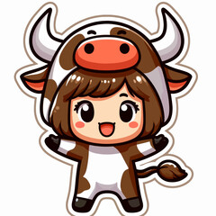 A cartoon girl wearing a cow costume, exhibiting joyful expression.