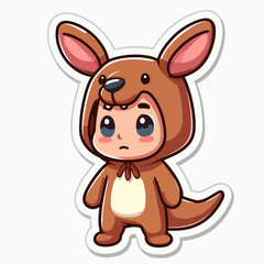 A digital cartoon drawing of a child in a brown kangaroo costume, with a sad expression.