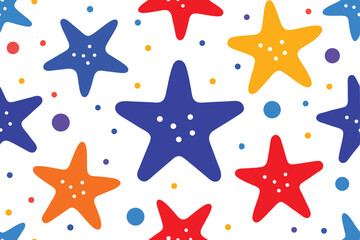 Colorful Starfish Seamless Pattern, White Background, Dots, Blue, Orange, Red Stars