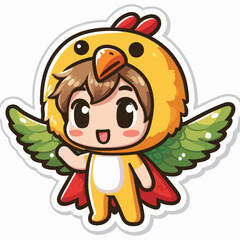 A cheerful, cartoon boy wearing a chicken costume with wings.