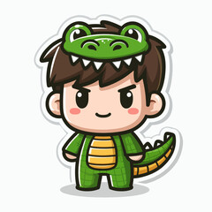 A cartoon boy wearing a crocodile costume, designed in a stylized, kawaii style.