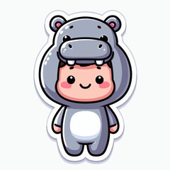 A cartoon child wearing a gray hippopotamus costume, with a happy expression, perfect for stickers or digital media.
