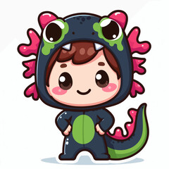 A stylized cartoon boy in a dark-blue dragon costume, with a happy expression.