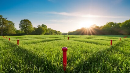 Vacant land plot marked with red markers in green field. Residential area for construction. Potential for housing subdivision. Land management concept. Investment opportunity. Rural scene.