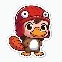 Obraz premium A cartoon platypus child wearing a red knit hat with large eyes.
