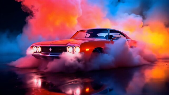 Classic car speeding with vibrant smoke clouds

