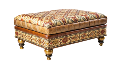 Elegant Ottoman with Ornate Fabric and Leather Design on a White Backdrop