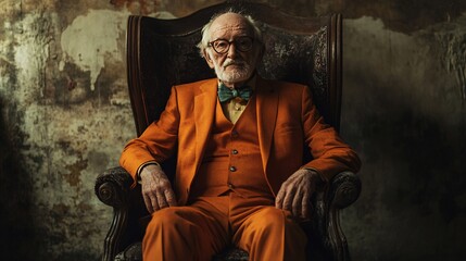 Dapper elderly man in an elegant orange suit poses for a portrait