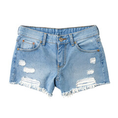 Isolated light wash distressed denim cutoff shorts on white background