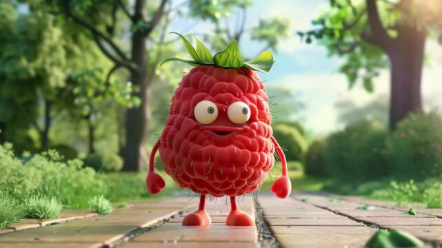 Cheerful Animated Raspberry Character Walking Along Garden Path Surrounded by Lush Greenery and Natures Beauty