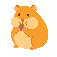 Cute chubby hamster eating nut. Cartoon flat style, pastel soft colors, clean isolated vector clipart.