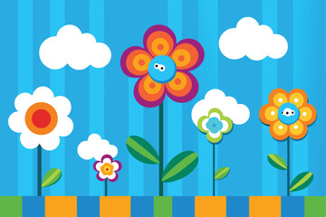 Fototapeta premium Fun Cartoon Flowers Growing on Green Plot Against Blue Striped Background