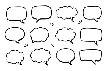 Hand Drawn Black Outline Speech Bubbles on Transparent Background, Communication Concept