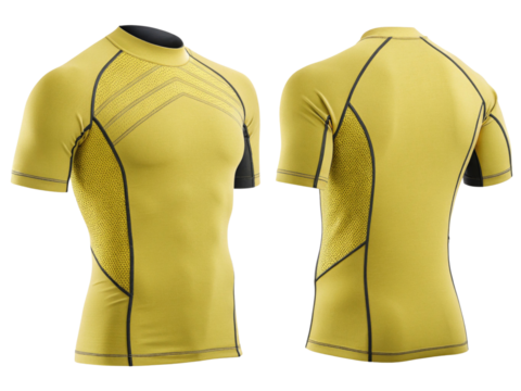 stylish mockup of yellow rashguard featuring sleek design and breathable mesh panels, perfect for active wear enthusiasts